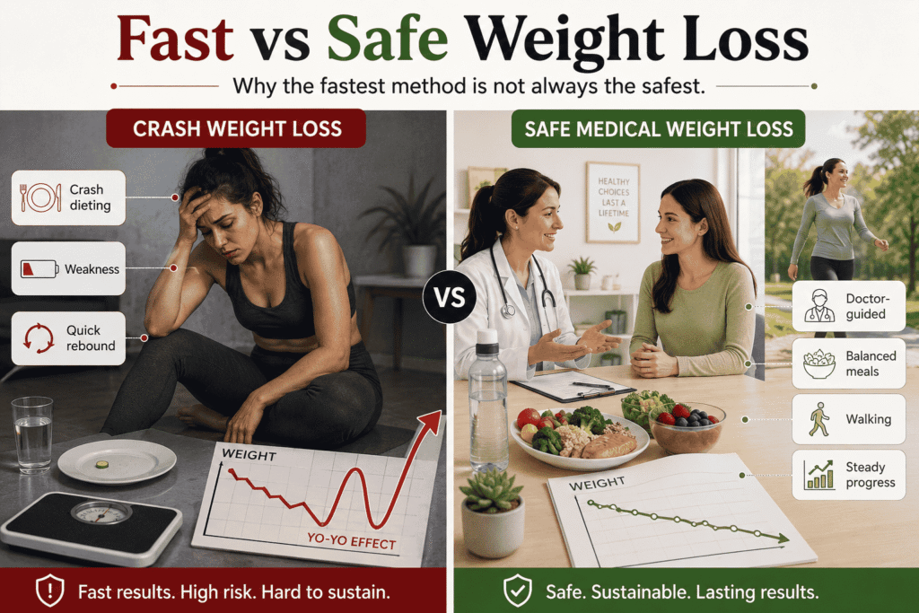 Image comparing fast vs safe weight loss methods, highlighting crash dieting's risks like weakness and quick rebound versus safe medical weight loss benefits such as doctor guidance, balanced meals, and steady progress.