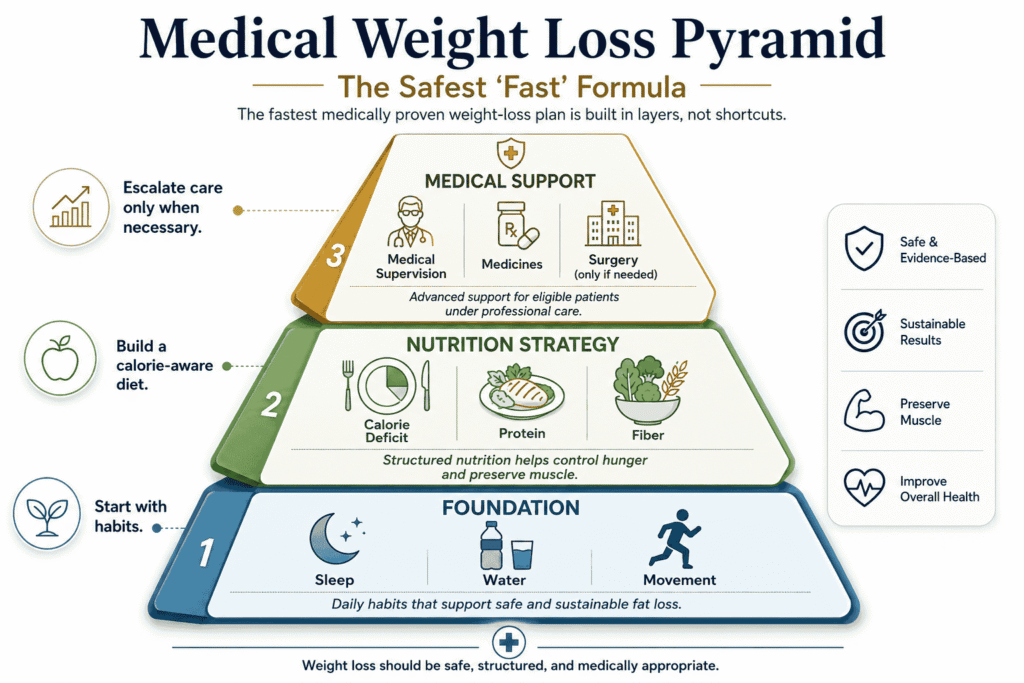 Infographic illustrating the Medical Weight Loss Pyramid, highlighting a structured approach to safe and effective weight loss. The pyramid is divided into three layers: Foundation (daily habits like sleep, water, and movement), Nutrition Strategy (calorie deficit, protein, and fiber), and Medical Support (supervision, medicines, and surgery if necessary). The design emphasizes sustainable results and overall health improvement through evidence-based methods.
