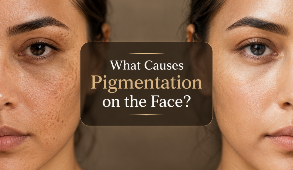 Close-up of two female faces highlighting skin pigmentation differences, with text overlay discussing causes of facial pigmentation. The left side shows darker spots and uneven skin tone, while the right side features clearer, smoother skin. Ideal for articles on skincare and pigmentation issues.