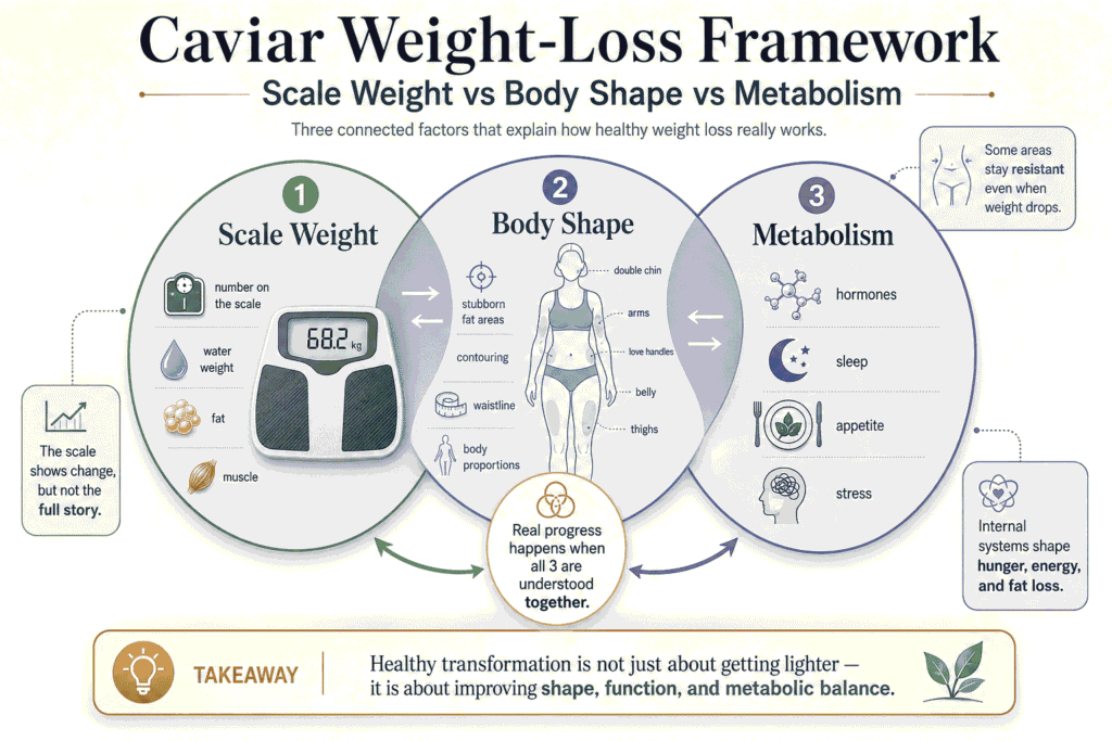 Infographic explaining the Caviar Weight-Loss Framework, highlighting the relationship between scale weight, body shape, and metabolism. It includes visuals of a scale showing weight, body shapes with stubborn fat areas, and factors affecting metabolism like hormones, sleep, and appetite. The takeaway emphasizes that healthy transformation involves improving shape, function, and metabolic balance rather than just focusing on weight loss.