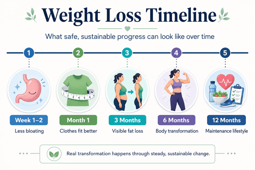 Infographic depicting a weight loss timeline illustrating safe and sustainable progress over time. Key milestones include: Week 1-2 showing less bloating, Month 1 with clothes fitting better, 3 Months highlighting visible fat loss, 6 Months indicating a body transformation, and 12 Months representing a maintenance lifestyle. The message emphasizes that real transformation occurs through steady, sustainable change.