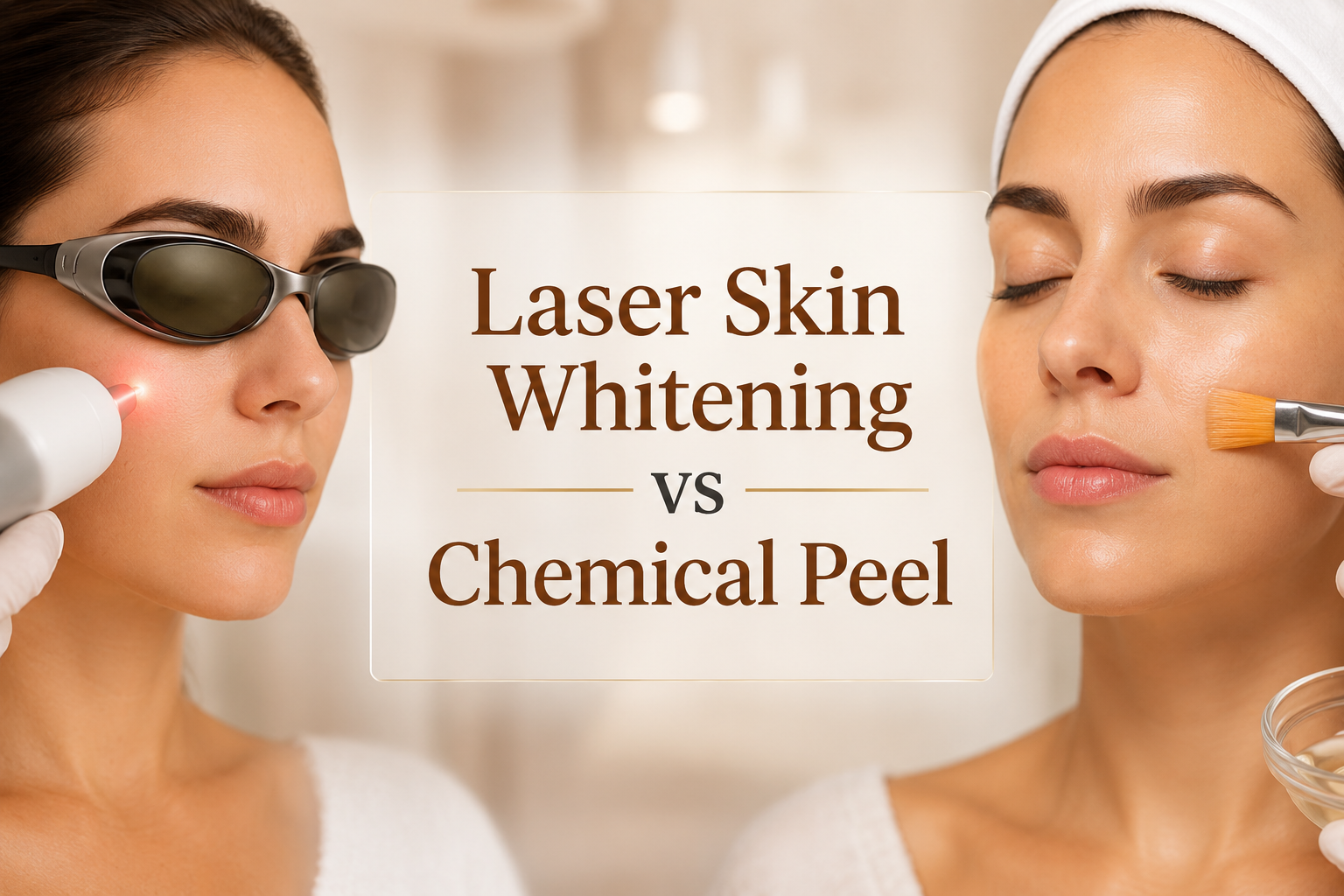 Image comparing laser skin whitening and chemical peel treatments, featuring a woman undergoing laser treatment with protective glasses and another woman receiving a chemical peel application. The text highlights the two skin treatment options.