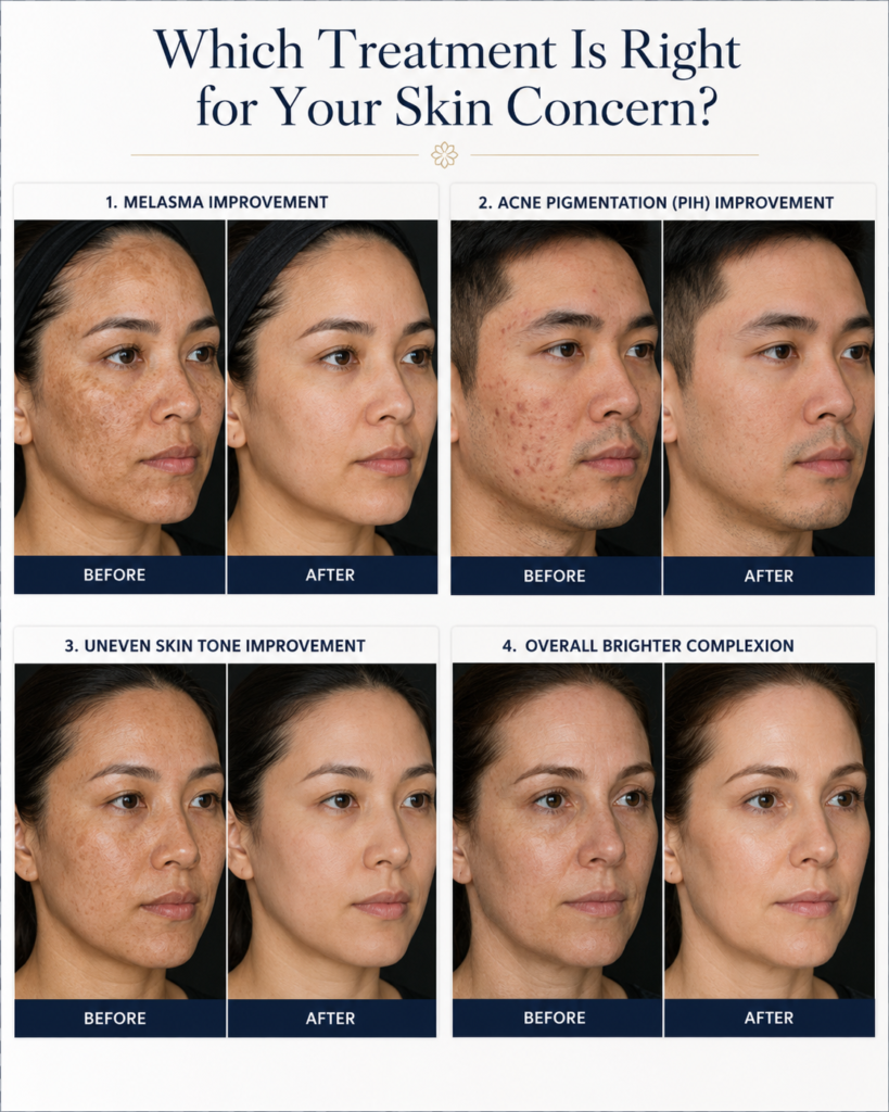 Before and after images showcasing four skin treatment outcomes: melasma improvement, acne pigmentation (PIH) improvement, uneven skin tone improvement, and overall brighter complexion. Each treatment is represented by a side-by-side comparison for effective visual understanding of results.