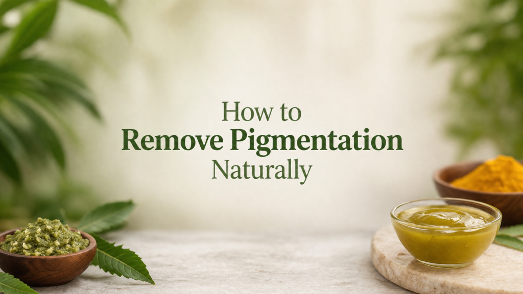 Natural remedies for pigmentation removal displayed with green leaves, herbal pastes, and yellow turmeric in bowls, emphasizing an organic approach to skincare.