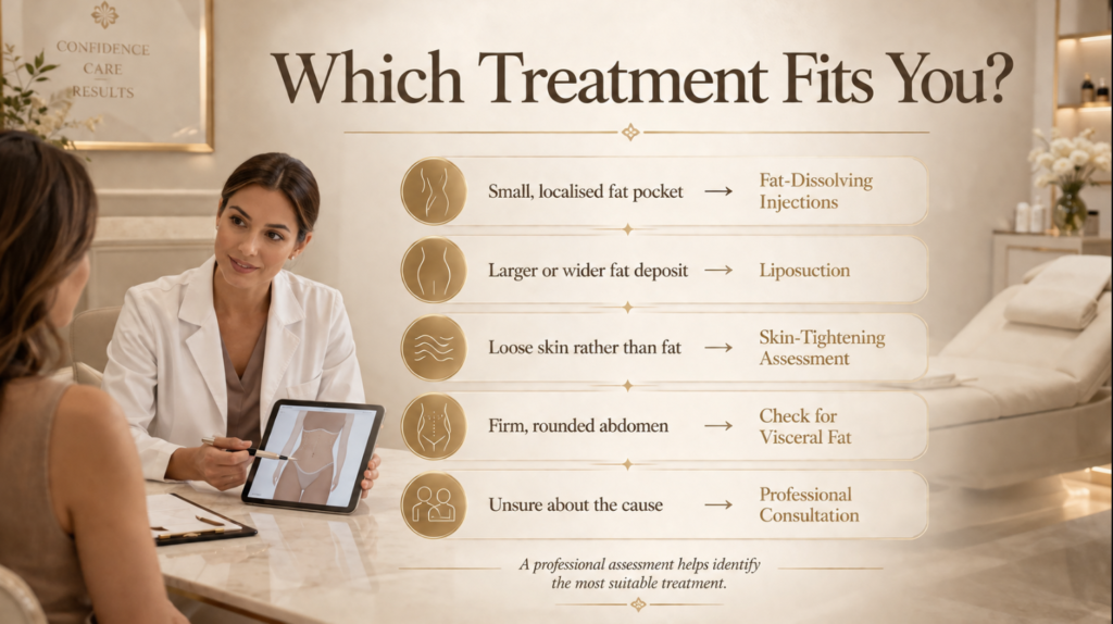 Image depicting a consultation between a medical professional and a patient discussing various body treatment options. The graphic outlines five treatment categories: fat-dissolving injections for small fat pockets, liposuction for larger deposits, skin-tightening assessments for loose skin, checks for visceral fat in firm abdomens, and professional consultations for those unsure about their needs. The setting conveys a calm and professional atmosphere, emphasizing personalized care and results.
