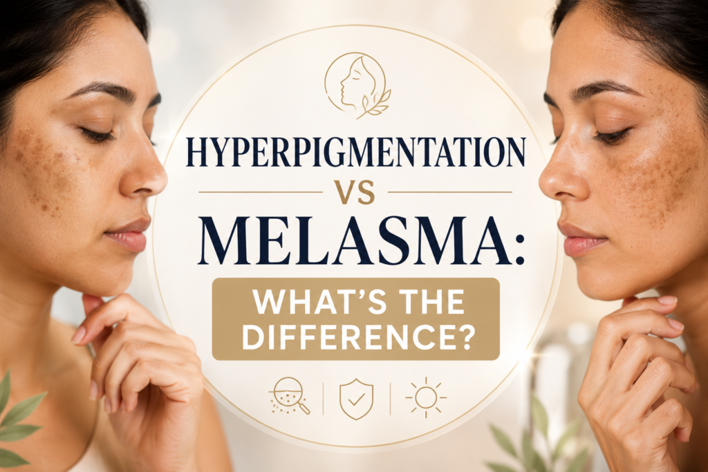 Close-up image of a woman comparing hyperpigmentation and melasma on her skin. The graphic highlights the differences between these two skin conditions, featuring text that reads "Hyperpigmentation vs Melasma: What's the Difference?" The background is softly blurred, emphasizing the subject's facial features and skin concerns.