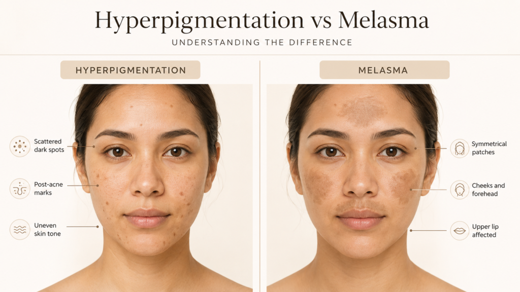Image comparing hyperpigmentation and melasma, showcasing two faces side by side. The left side illustrates hyperpigmentation with scattered dark spots, post-acne marks, and uneven skin tone. The right side depicts melasma characterized by symmetrical patches on the cheeks, forehead, and upper lip. Visual aids highlight key differences between the two skin conditions.