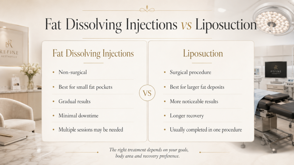 Comparison chart of fat dissolving injections and liposuction, highlighting key differences: fat dissolving injections are non-surgical, ideal for small fat pockets, offer gradual results, minimal downtime, and may require multiple sessions; liposuction is a surgical procedure best for larger fat deposits, provides more noticeable results, involves longer recovery, and is typically completed in one session.