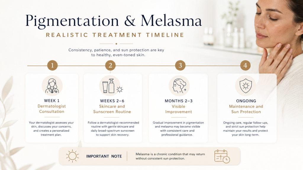 Infographic detailing a realistic treatment timeline for pigmentation and melasma, highlighting key steps: Week 1 - Dermatologist consultation; Weeks 2-6 - Skincare and sunscreen routine; Months 2-3 - Visible improvement; Ongoing maintenance and sun protection. Emphasizes the importance of consistency and sun protection for healthy, even-toned skin.