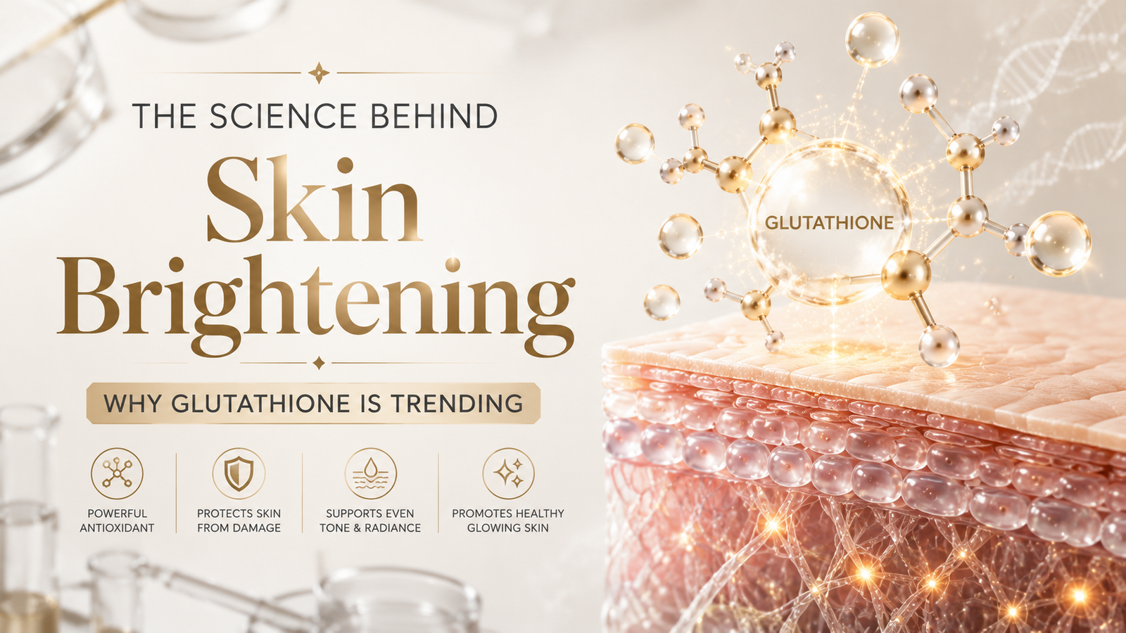 Image illustrating the benefits of glutathione for skin brightening, featuring a molecular structure, highlighting its properties as a powerful antioxidant, skin protector, and promoter of even skin tone and healthy radiance.