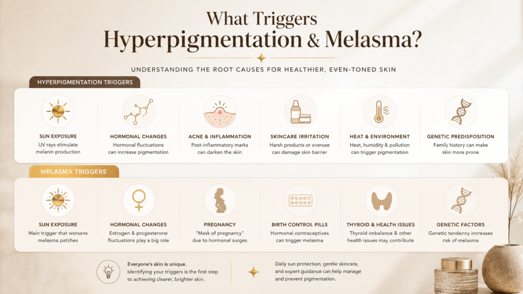 Infographic explaining the triggers of hyperpigmentation and melasma, including factors like sun exposure, hormonal changes, acne, skincare irritation, environmental effects, genetic predisposition, pregnancy, and health issues. Designed to educate on achieving healthier, even-toned skin through understanding root causes.