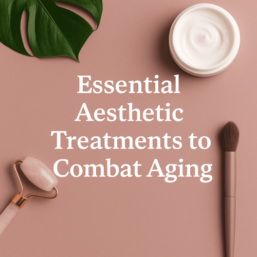 An aesthetic flat-lay featuring a jar of cream, a rose quartz roller, a makeup brush, and a green leaf with the text "Essential Aesthetic Treatments to Combat Aging".