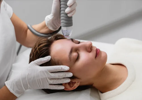 Practitioner performing a micro-needling procedure on a patient's forehead.