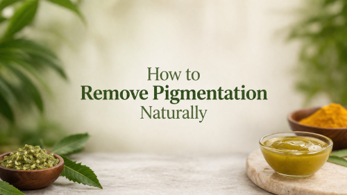 Natural remedies for pigmentation removal displayed with green leaves, herbal pastes, and yellow turmeric in bowls, emphasizing an organic approach to skincare.