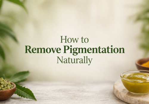 Natural remedies for pigmentation removal displayed with green leaves, herbal pastes, and yellow turmeric in bowls, emphasizing an organic approach to skincare.