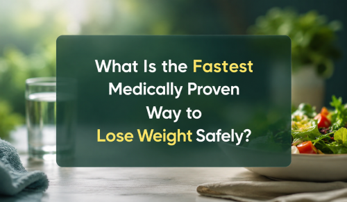 Image featuring a question about the fastest medically proven way to lose weight safely, with a background of a fresh salad and a glass of water, emphasizing healthy eating and lifestyle choices.