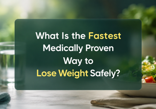 Image featuring a question about the fastest medically proven way to lose weight safely, with a background of a fresh salad and a glass of water, emphasizing healthy eating and lifestyle choices.