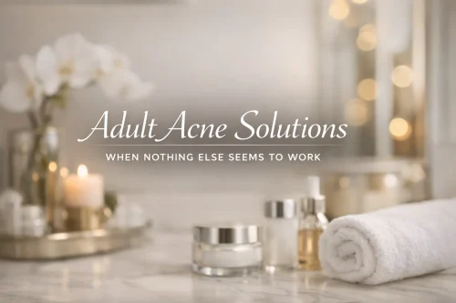 A soft-focus spa setting with skincare products, a candle, and a white orchid.