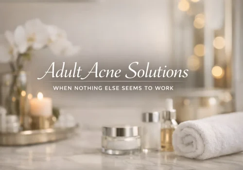 A soft-focus spa setting with skincare products, a candle, and a white orchid.