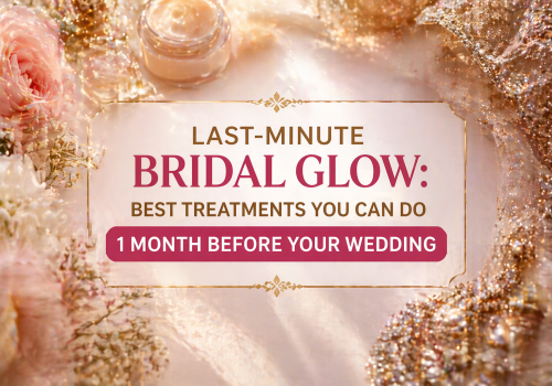 Alt text: A soft, romantic background featuring pink flowers, shimmering fabrics, and a jar of skincare cream, promoting last-minute bridal glow treatments to enhance beauty one month before a wedding.