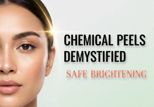 A close-up of a woman with radiant, flawless skin next to the text "CHEMICAL PEELS DEMYSTIFIED: SAFE BRIGHTENING" with a "100% SAFE" badge.