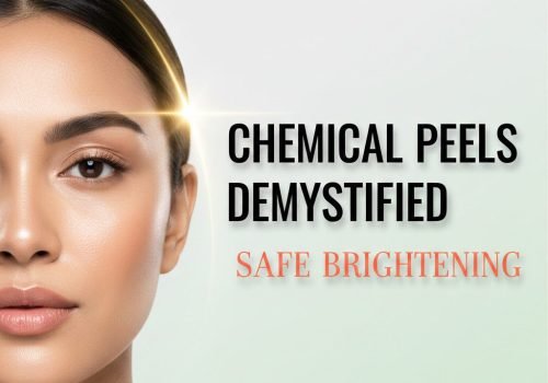 A close-up of a woman with radiant, flawless skin next to the text "CHEMICAL PEELS DEMYSTIFIED: SAFE BRIGHTENING" with a "100% SAFE" badge.
