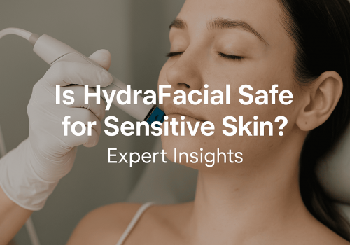 A woman with her eyes closed receiving a HydraFacial treatment on her chin with the text "Is HydraFacial Safe for Sensitive Skin? Expert Insights".