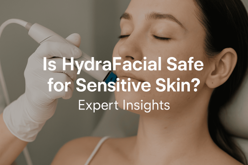 A woman with her eyes closed receiving a HydraFacial treatment on her chin with the text "Is HydraFacial Safe for Sensitive Skin? Expert Insights".