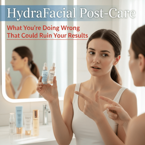 A young woman standing in front of a bathroom mirror, holding two serum bottles labeled "DO'S" and "DON'TS," with a text overlay about post-care mistakes.