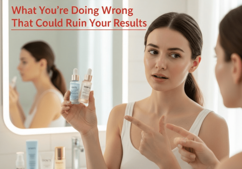 A young woman standing in front of a bathroom mirror, holding two serum bottles labeled "DO'S" and "DON'TS," with a text overlay about post-care mistakes.