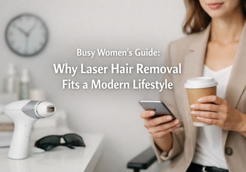 A woman in a blazer holds a phone and coffee near a laser hair removal device.
