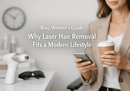 A woman in a blazer holds a phone and coffee near a laser hair removal device.