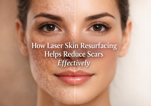 Before and after comparison of laser skin resurfacing treatment, highlighting its effectiveness in reducing scars and improving skin texture. The left side shows skin with visible scars, while the right side displays smooth, clear skin.
