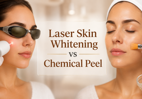 Image comparing laser skin whitening and chemical peel treatments, featuring a woman undergoing laser treatment with protective glasses and another woman receiving a chemical peel application. The text highlights the two skin treatment options.