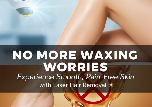 A pair of smooth, hair-free legs next to a laser treatment device with a "No More Waxing Worries" text overlay.