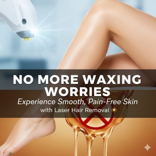 A pair of smooth, hair-free legs next to a laser treatment device with a "No More Waxing Worries" text overlay.
