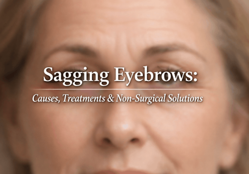 Close-up of a woman's face highlighting sagging eyebrows, with text overlay discussing causes, treatments, and non-surgical solutions for eyebrow sagging.