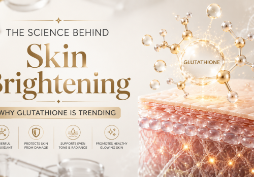 Image illustrating the benefits of glutathione for skin brightening, featuring a molecular structure, highlighting its properties as a powerful antioxidant, skin protector, and promoter of even skin tone and healthy radiance.