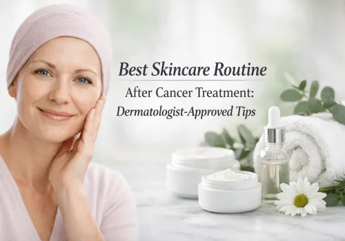 Woman with a headscarf smiling and touching her face, showcasing a gentle skincare routine. In the foreground, skincare products including a cream jar, a serum bottle, and a rolled towel, with greenery and a daisy flower, emphasizing dermatologist-approved tips for post-cancer treatment skincare.
