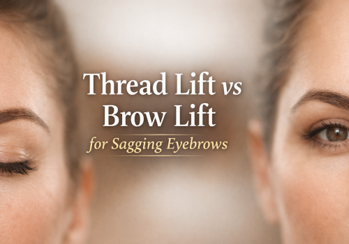 Image comparing Thread Lift and Brow Lift procedures for addressing sagging eyebrows, highlighting the differences in technique and results.