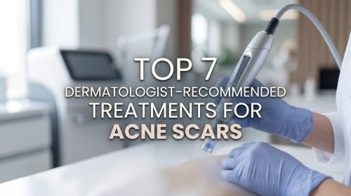 Image of a dermatologist using a microneedling device on a patient's skin, highlighting the top seven dermatologist-recommended treatments for acne scars in a modern clinic setting.