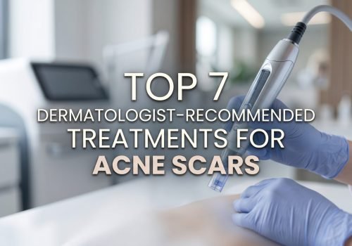 Image of a dermatologist using a microneedling device on a patient's skin, highlighting the top seven dermatologist-recommended treatments for acne scars in a modern clinic setting.